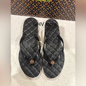Tory Burch Willa Black Quilted Flip Flops with Logo